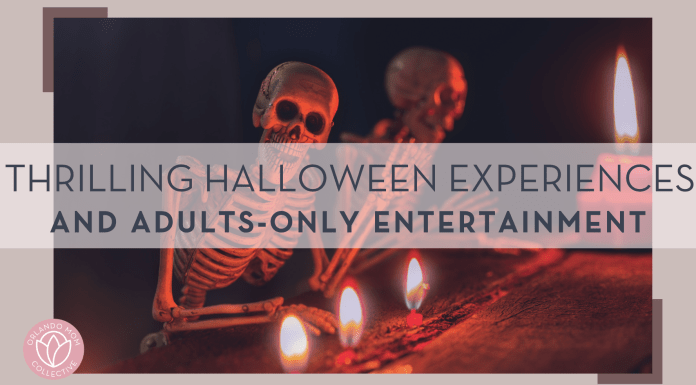 skeletons by flames with words 'thrilling halloween experiences and adults only entertainment'